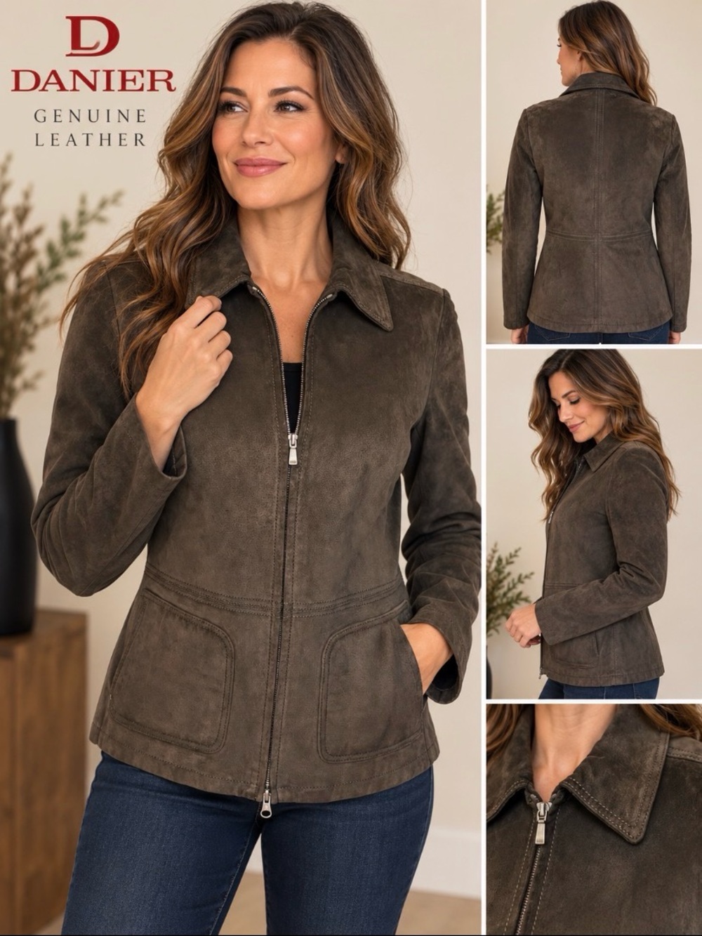 Danier Genuine Suede Leather Jacket Brown Zip Front Womenโs Small Style 5524